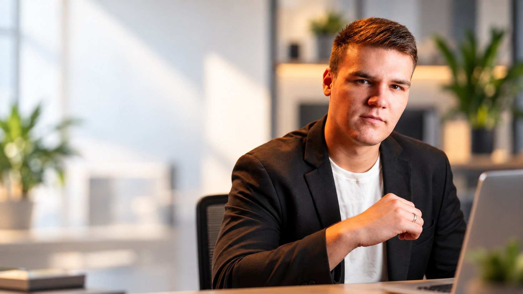 Vitor Marasco de blazer, sentado à mesa em um ambiente de escritório.